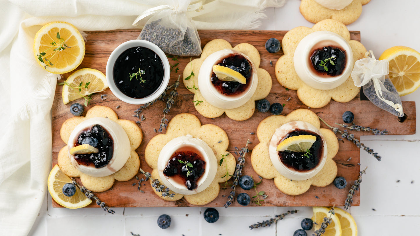 Lavender Panna Cotta with Lemon Cookies and Blueberry Compote